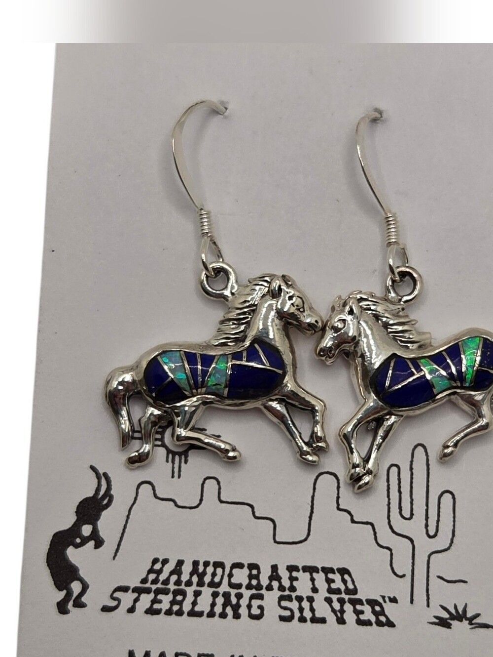 Sterling Silver Horse Inlay Drop Earrings Fire Blue Opal